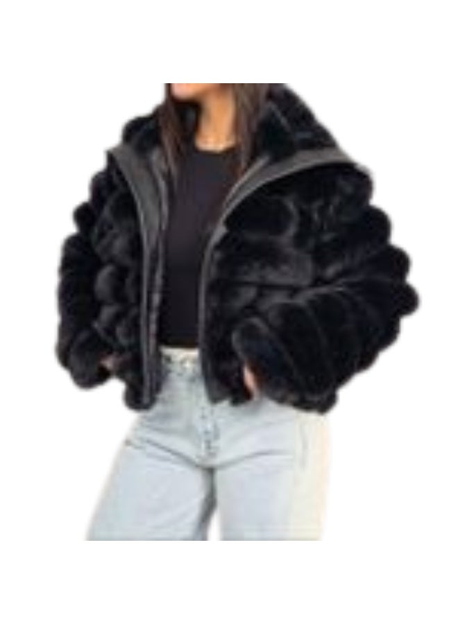 جاكت فروهاي وسط مطعم جلد مبطن ستان باللون الاسود ون سايز حتى 80 كجم - Image 1