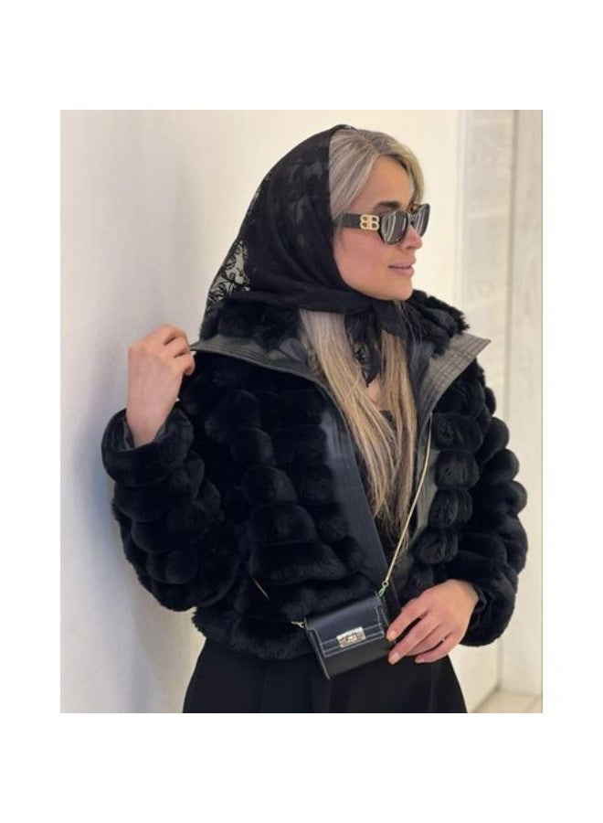 جاكت فروهاي وسط مطعم جلد مبطن ستان باللون الاسود ون سايز حتى 80 كجم - Image 2