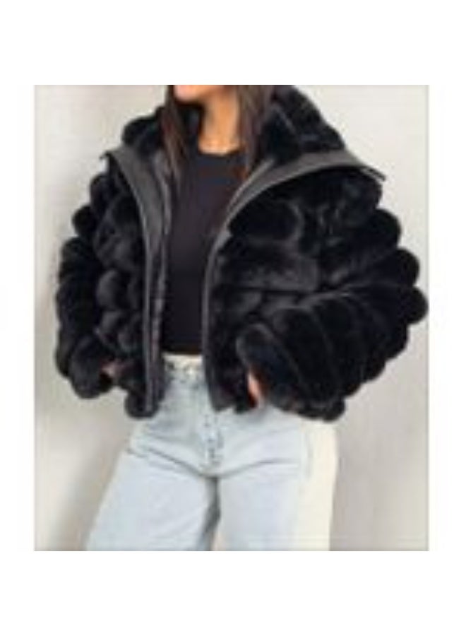 جاكت فروهاي وسط مطعم جلد مبطن ستان باللون الاسود ون سايز حتى 80 كجم - Image 4