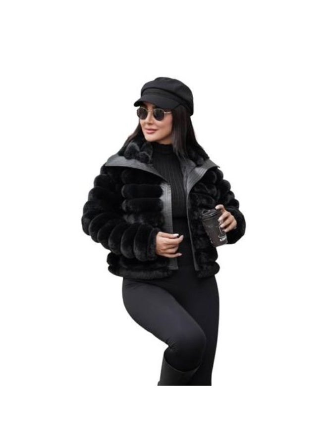 جاكت فروهاي وسط مطعم جلد مبطن ستان باللون الاسود ون سايز حتى 80 كجم - Image 5