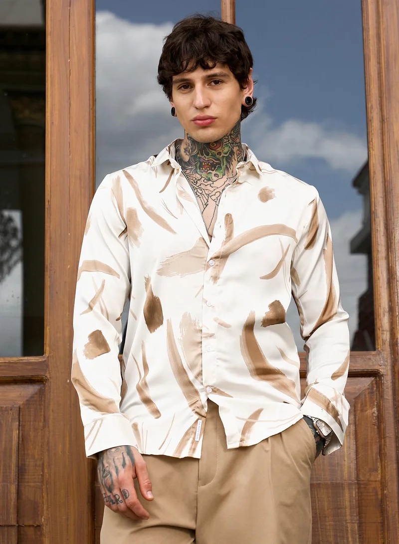 CAHOOT  Men's Chocolate Brown Contrast-Strokes Imprint Shirt for Men | Best Price UAE