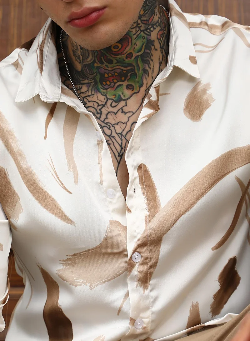 CAHOOT  Men's Chocolate Brown Contrast-Strokes Imprint Shirt for Men | Best Price UAE