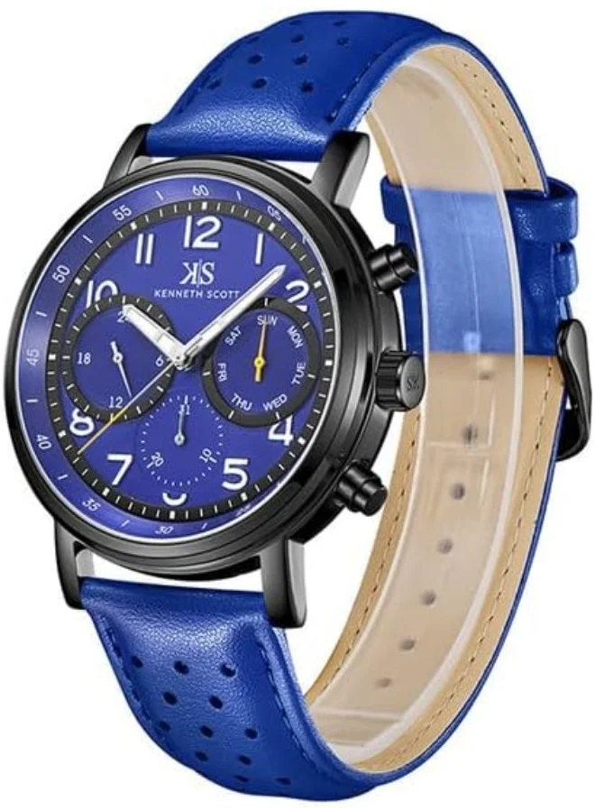 كينيث سكوت Kenneth Scott Men's Epson VX9J Movement Watch, Analog Display and Leather Strap - K24119-BLNN, Blue