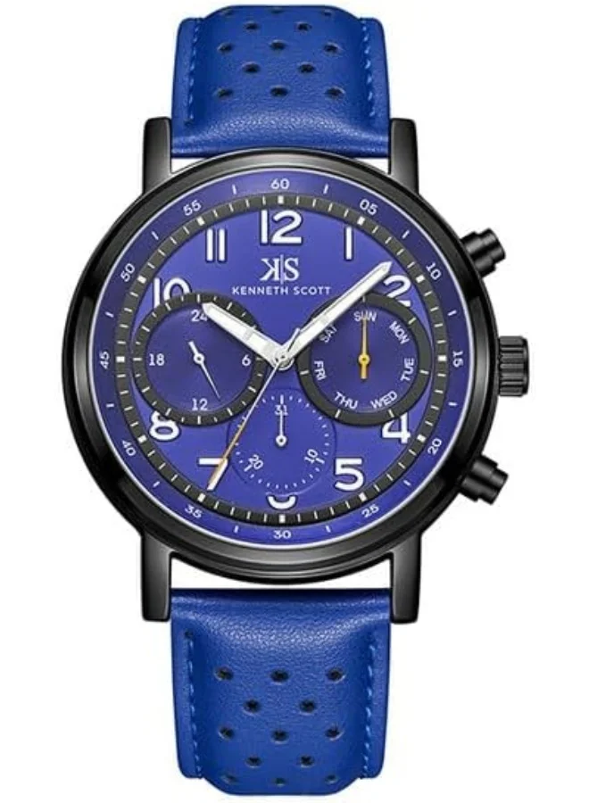 كينيث سكوت Kenneth Scott Men's Epson VX9J Movement Watch, Analog Display and Leather Strap - K24119-BLNN, Blue