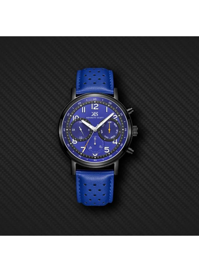 Kenneth Scott Blue Kenneth Scott Men's Epson VX9J Movement Watch, Analog Display and Leather Strap - K24119-BLNN, Blue for Men | Best Price UAE