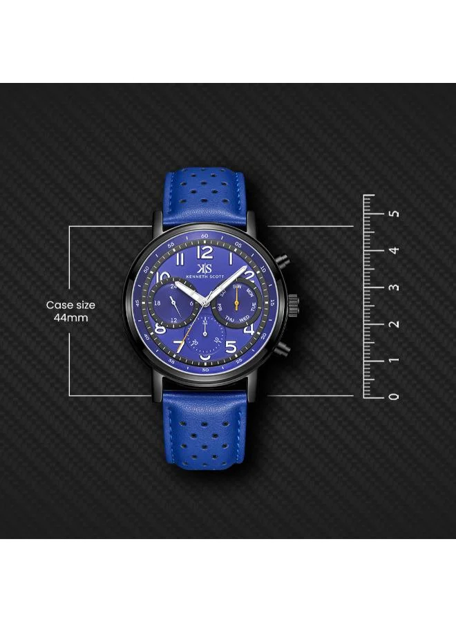 Kenneth Scott Blue Kenneth Scott Men's Epson VX9J Movement Watch, Analog Display and Leather Strap - K24119-BLNN, Blue for Men | Best Price UAE