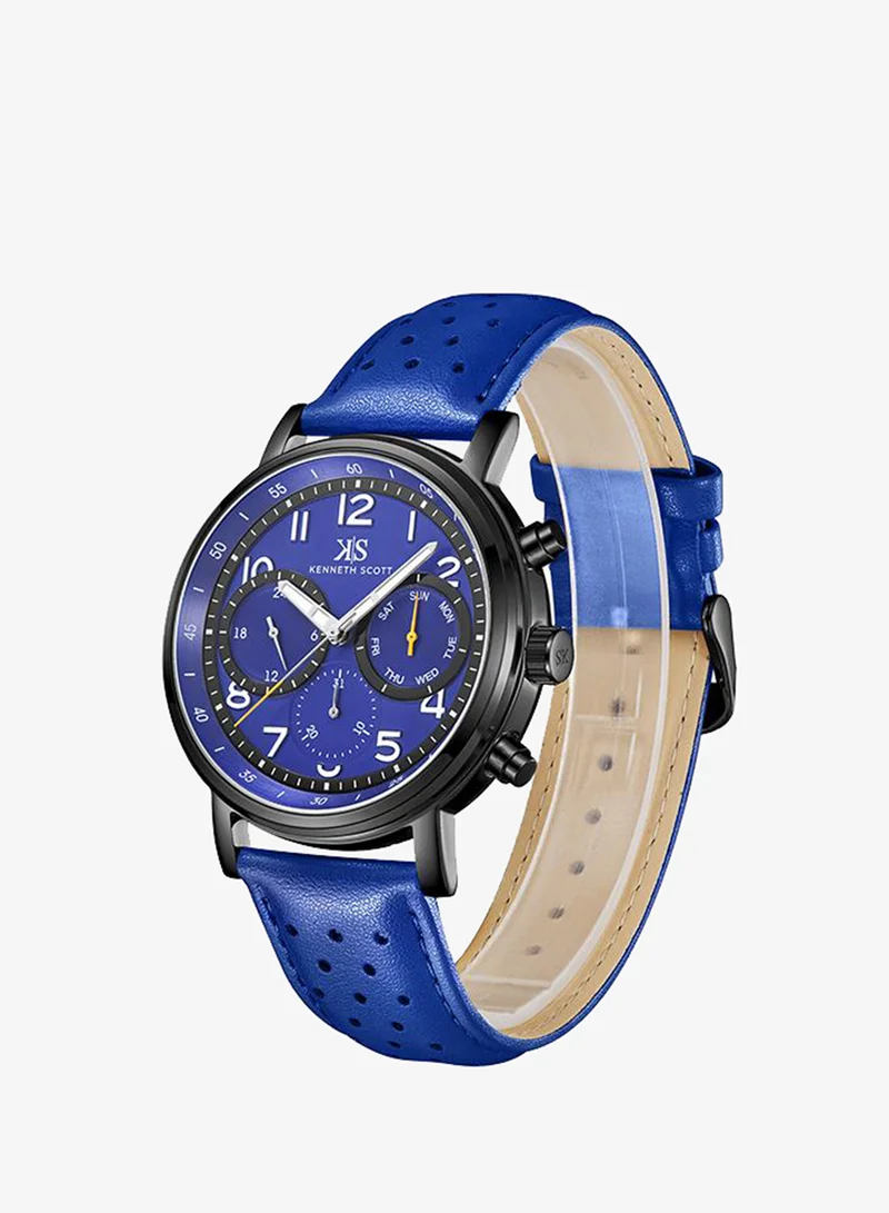 Kenneth Scott Blue Kenneth Scott Men's Epson VX9J Movement Watch, Analog Display and Leather Strap - K24119-BLNN, Blue for Men | Best Price UAE