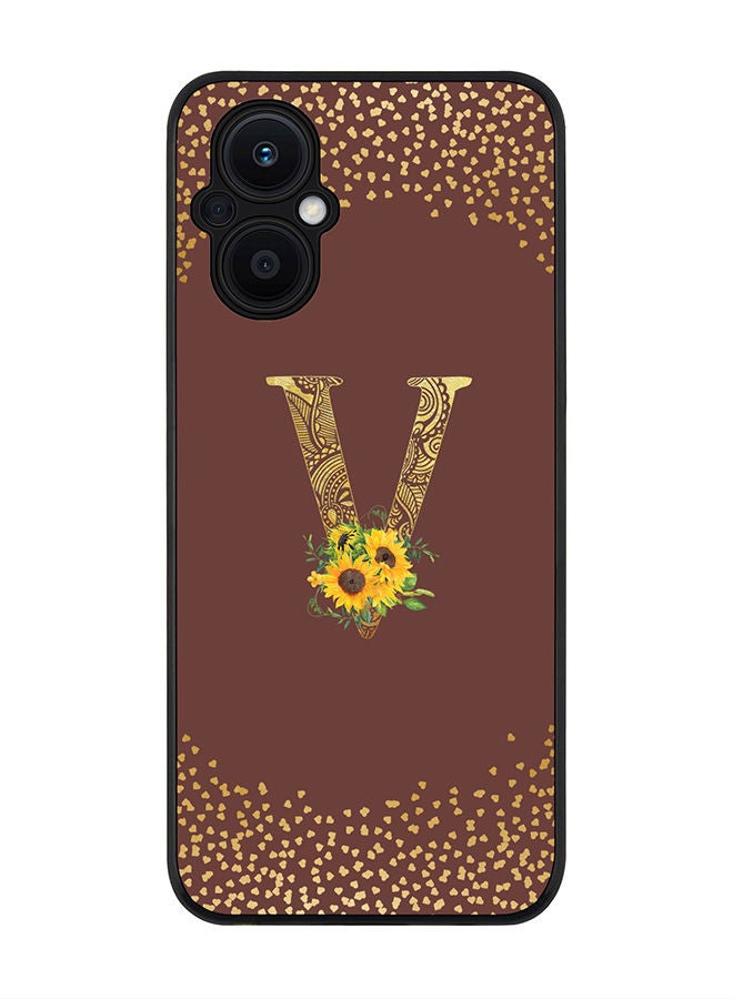 Stylizedd Rugged Black edge case for Oppo Reno7 Z  Slim fit Soft Case Flexible Rubber Edges Anti Drop TPU Gel Thin Cover - Custom Monogram Initial Letter Floral Pattern Alphabet - V (Brown ) - Image 1