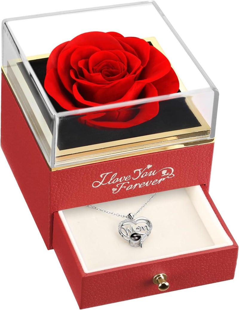 WILDLOVE Preserved Real Red Rose with Mom Necklace - Gifts for Mothers Day, Christmas, Birthday Gifts for Mom - Long Lasting Forever Flowers Best Presents for Moms - Image 1
