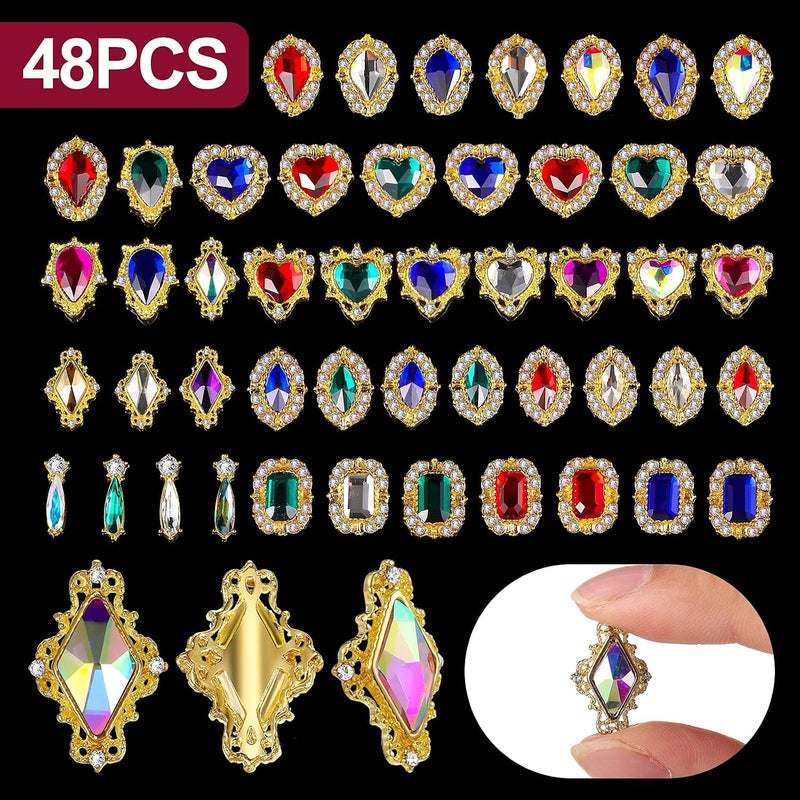 Leelosp 48 Pieces 3D Nail Art Charms Nails Charms Rhinestones Colorful AB Iridescent Nail Jewels for Acrylic Nails Large Rhinestones Heart Drop Nail Beauty Accessories Mix Size Diamond Nail Gems, 48 Styles - Image 5