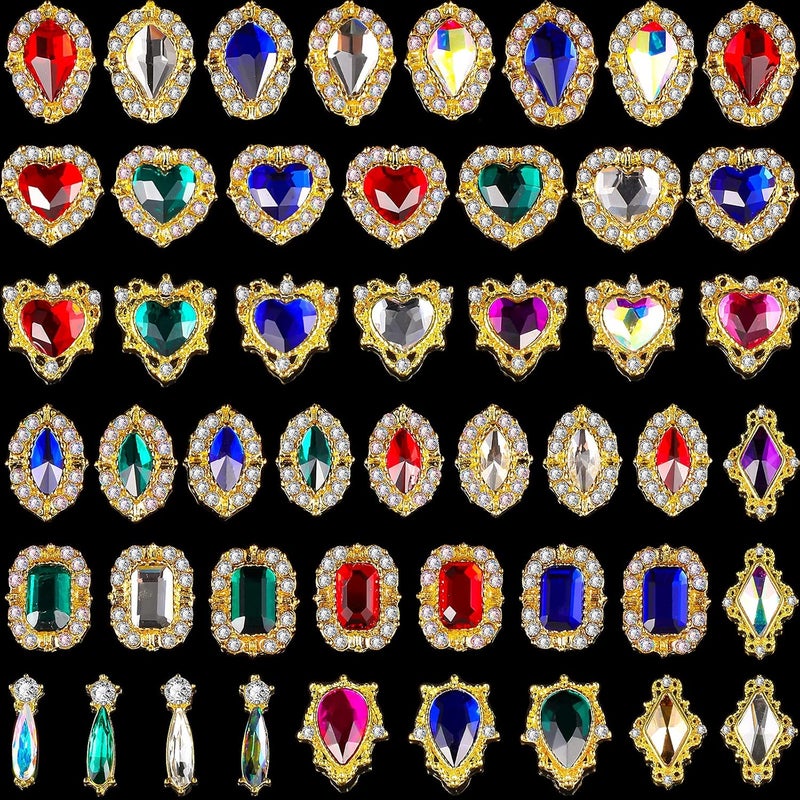 Leelosp 48 Pieces 3D Nail Art Charms Nails Charms Rhinestones Colorful AB Iridescent Nail Jewels for Acrylic Nails Large Rhinestones Heart Drop Nail Beauty Accessories Mix Size Diamond Nail Gems, 48 Styles - Image 1