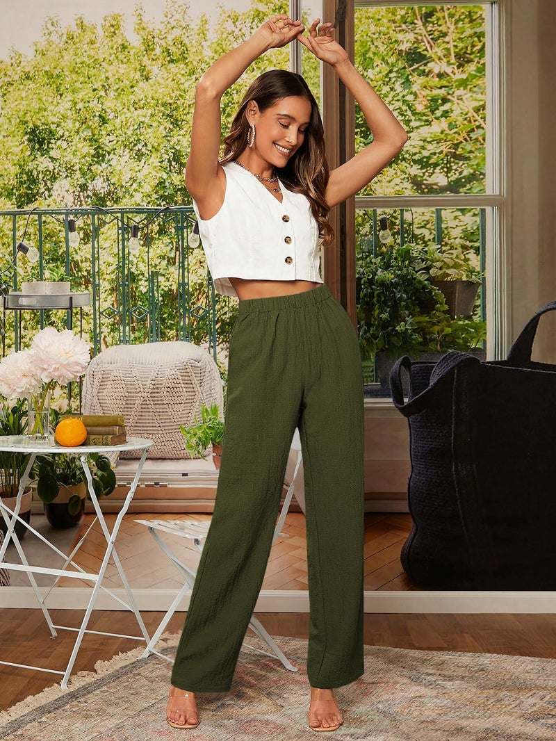TOPLOT Women’s High-Waisted Trousers | Tailored Wide-Leg Pants | Casual & Formal Wear | Chic and Elegant Look (Women-Trouser-5230-Olive-34) - Image 2