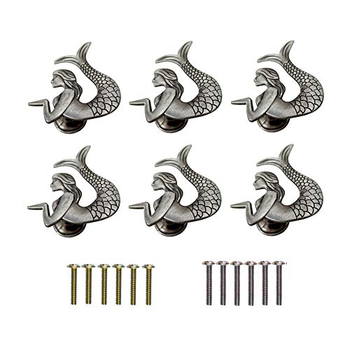 Xinally 6 Pieces Vintage Mermaid Pulls, Beach Nautical Decorative Furniture Single Hole Pulls for Drawers Cabinets Closets Kitchens and Other Home Decor - Image 1