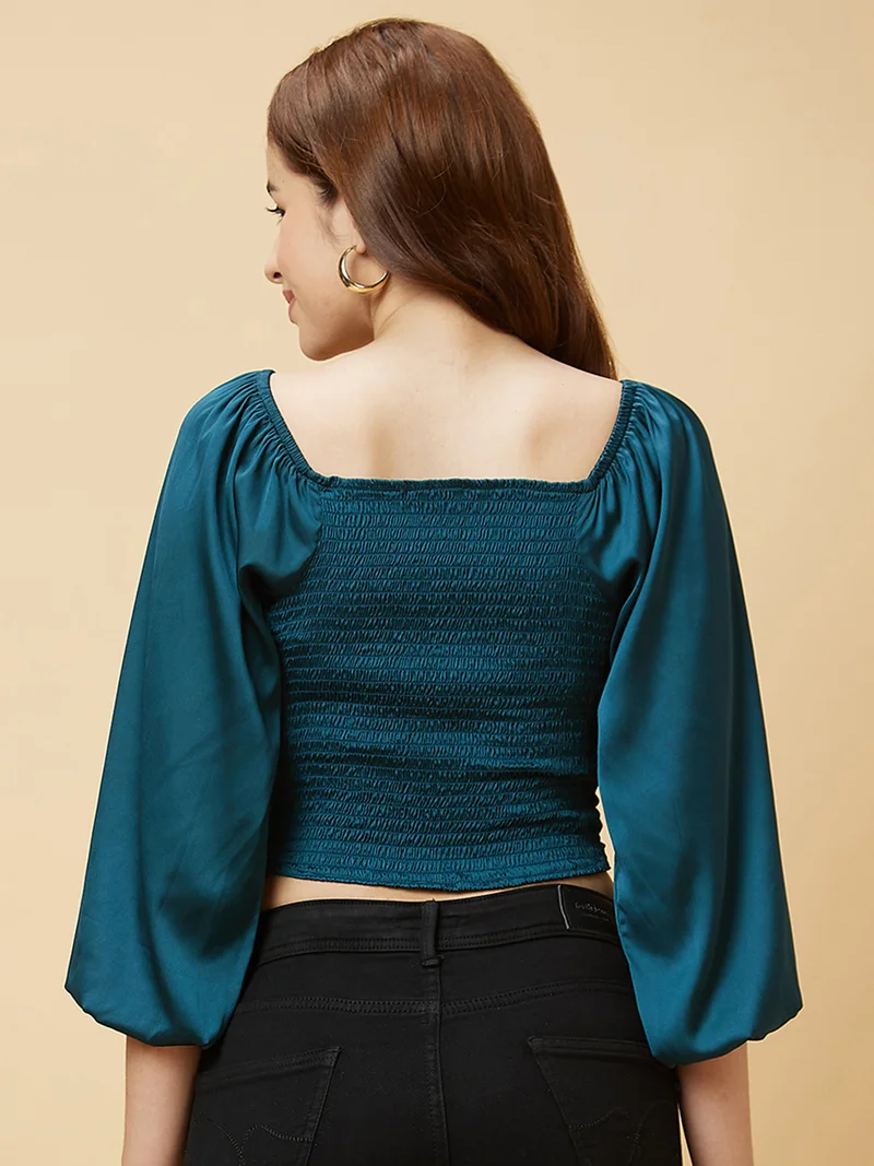 globus Women Green Puff Sleeve Pure Satin Tie-Up Ruched Crop Top