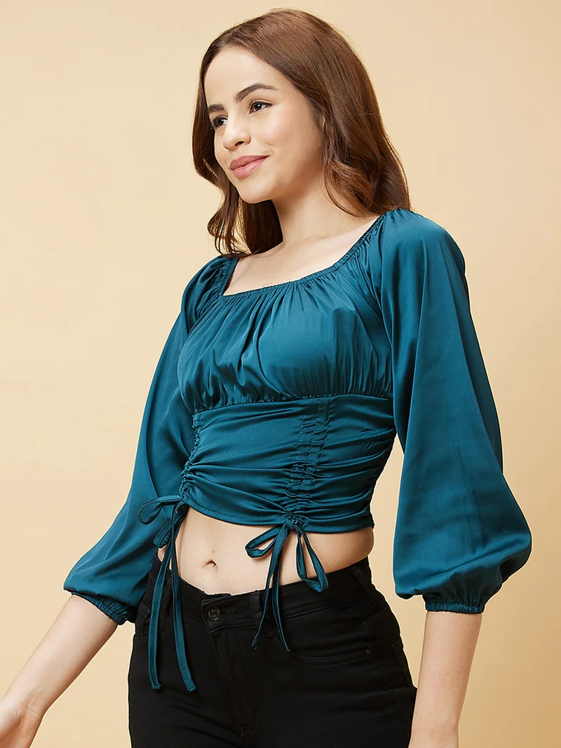 globus Women Green Puff Sleeve Pure Satin Tie-Up Ruched Crop Top