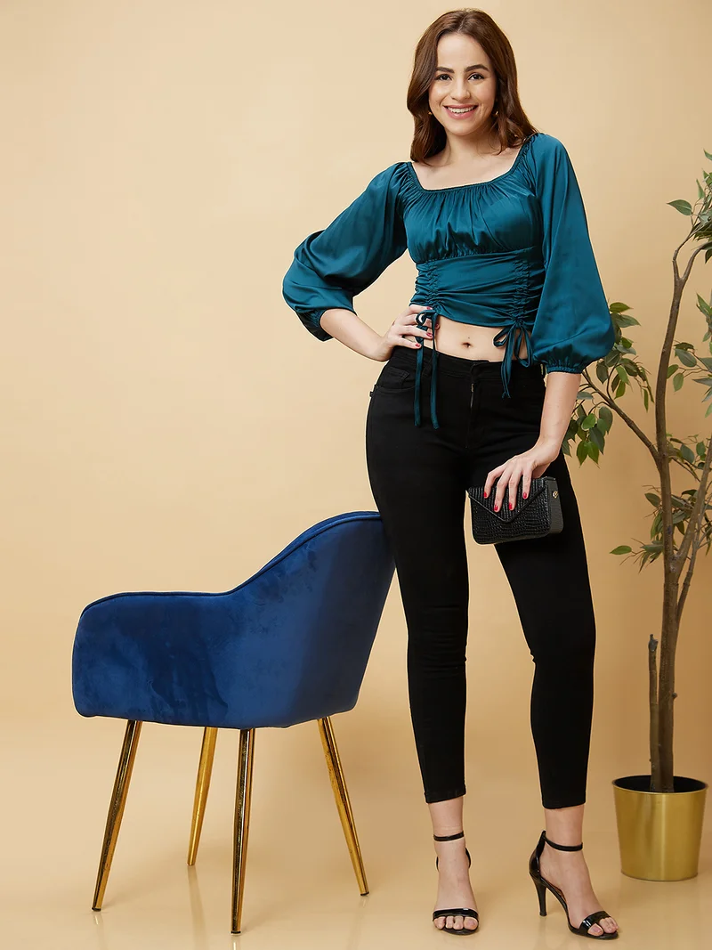 globus Women Green Puff Sleeve Pure Satin Tie-Up Ruched Crop Top