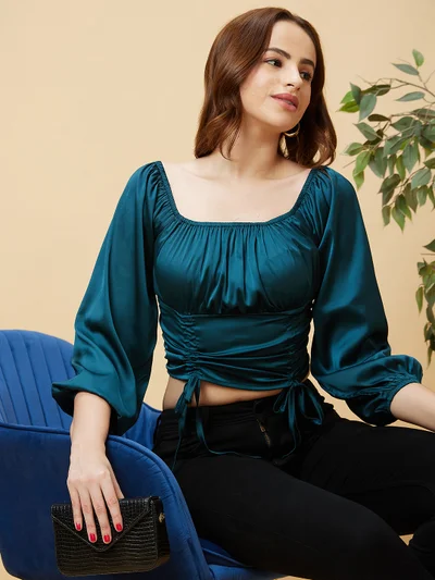 globus Women Green Puff Sleeve Pure Satin Tie-Up Ruched Crop Top