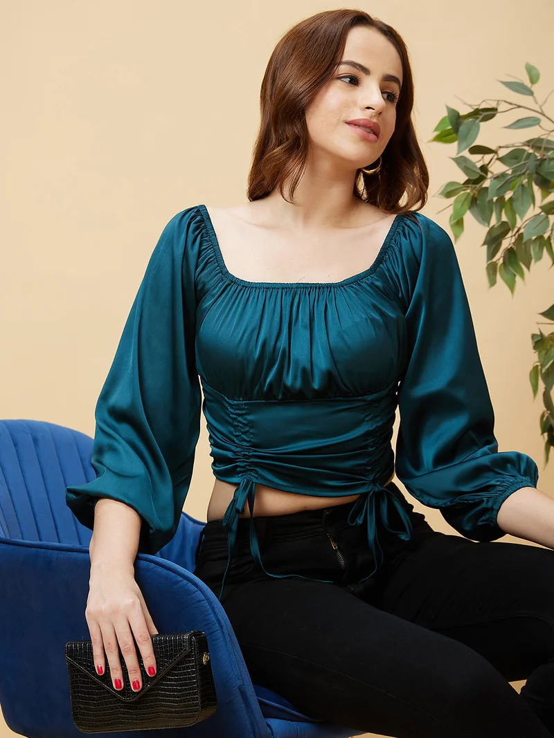 globus Women Green Puff Sleeve Pure Satin Tie-Up Ruched Crop Top