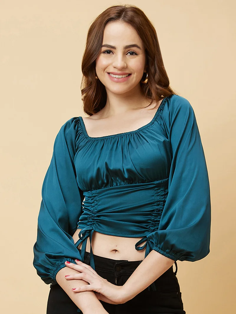 globus Globus Women Green Puff Sleeve Pure Satin Tie-Up Ruched Crop Top