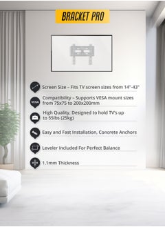 Bracket Bracket Pro Fixed Mount 14"-43" Fits VESA 75x75mm to 200x200mm, 1.1mm Thickness - Sleek and Durable TV Wall Mount BPF1443 Black  - Image 2