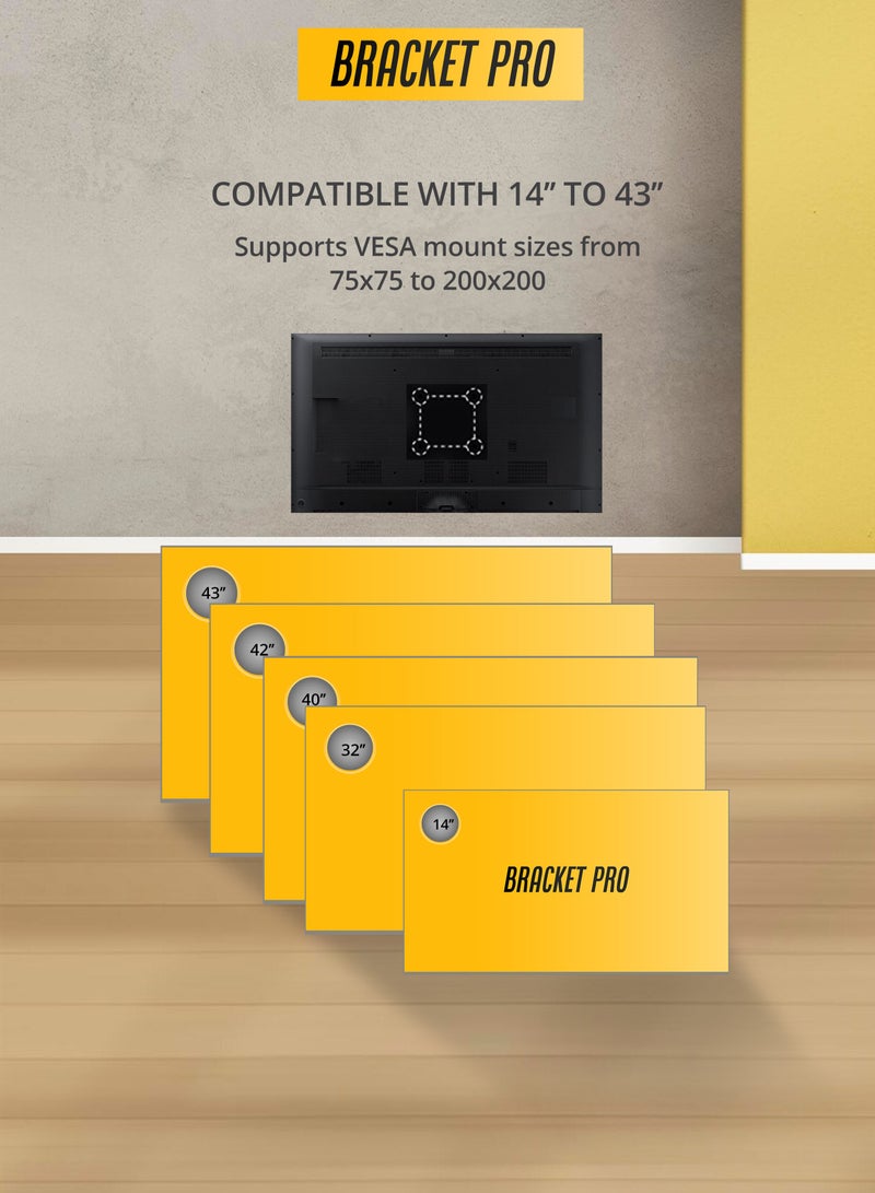 Bracket حامل تثبيت ثابت من Bracket Pro مقاس 14 بوصة - 43 بوصة يناسب VESA مقاس 75 × 75 مم إلى 200 × 200 مم، وسمك 1.1 مم - حامل جداري للتلفزيون أملس ومتين BPF1443 أسود - Image 4