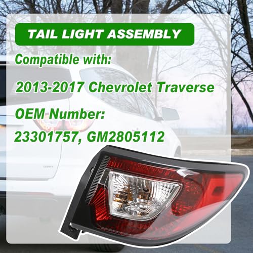 Lochnchn Tail Lights Outer Right Passenger Side Taillight Compatible with Chevrolet Traverse 2013-2017 Rear Halogen Tail Lamp Replace: 84266020 23301757 GM2805112 - Image 2