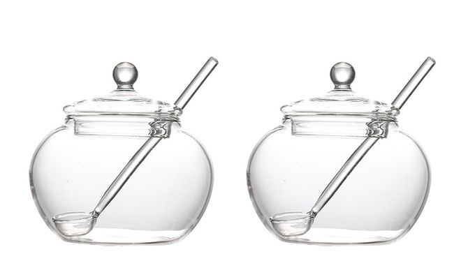 123Arts Clear Glass Sugar Bowls Storage Jars with Lid and Sugar Serving Spoons, Set of 2 - Image 1