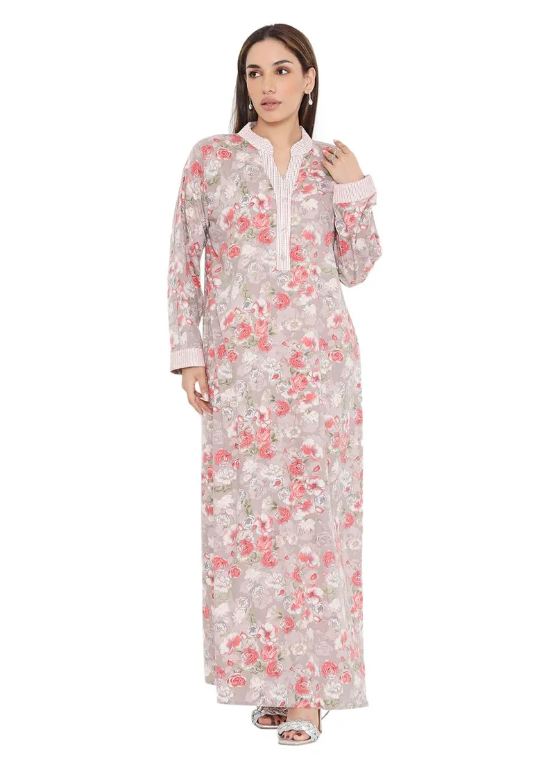 HANA & SARA LONG VISCOSE FLORAL PRINTED COLLAR ARABIC KAFTAN JALABIYA FARASHA DRESS