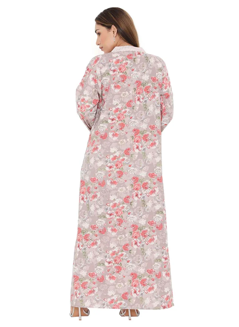 HANA & SARA LONG VISCOSE FLORAL PRINTED COLLAR ARABIC KAFTAN JALABIYA FARASHA DRESS