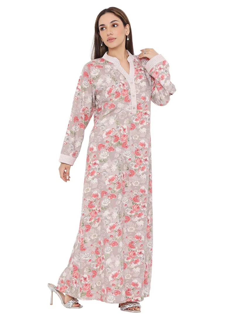 هانا آند سارا LONG VISCOSE FLORAL PRINTED COLLAR ARABIC KAFTAN JALABIYA FARASHA DRESS