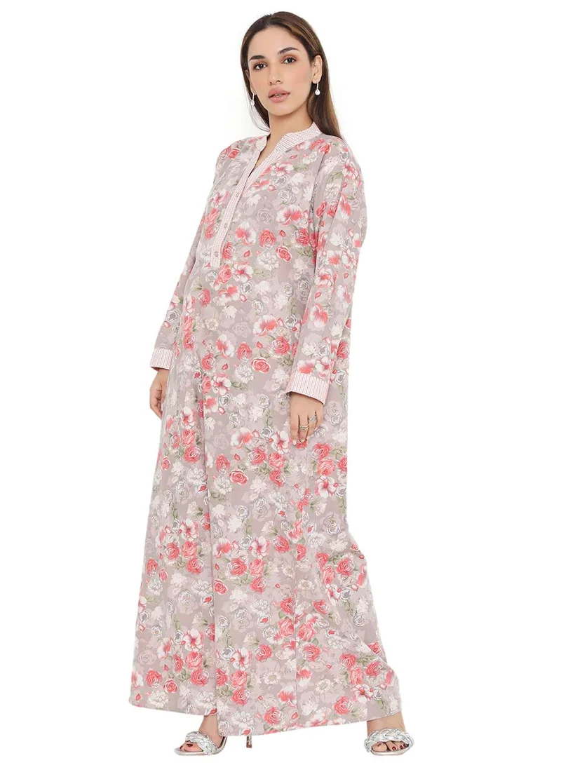 هانا آند سارا LONG VISCOSE FLORAL PRINTED COLLAR ARABIC KAFTAN JALABIYA FARASHA DRESS
