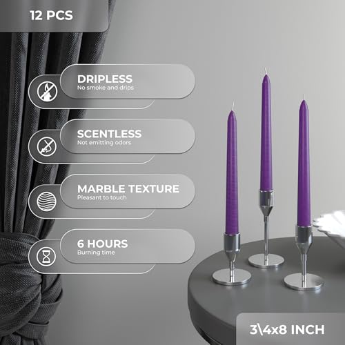 CANDWAX 8 inch Taper Candles Set of 12 - Dripless Dinner, Party or Wedding Candles - Purple - Image 3