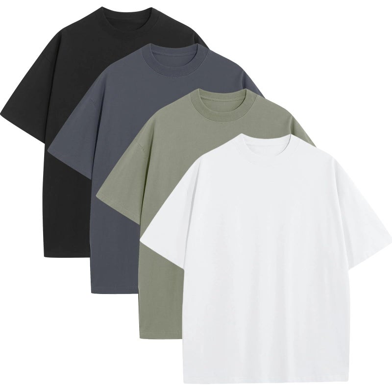 SnowElve 4 Pack Men's Oversized T-Shirts Heavyweight Cotton Tee Crew Neck Short Sleeve T Shirts Loose Fit Basic Essential Soft Classic Tees (WTQGGYBK,L) - Image 1