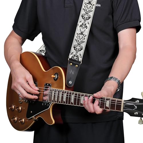 Nefelibata Guitar Strap, Embroidered Cotton Guitar Straps with Head Cowhide Leather Ends for Bass, Electric & Acoustic Guitar, with Strap Button, 1 Pair of Strap Locks and 4 Guitar Picks - Image 3