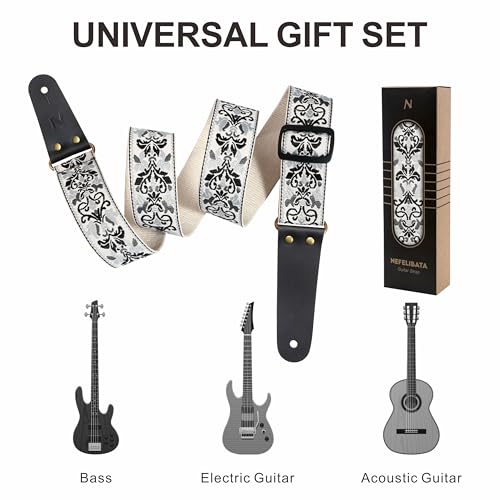 Nefelibata Guitar Strap, Embroidered Cotton Guitar Straps with Head Cowhide Leather Ends for Bass, Electric & Acoustic Guitar, with Strap Button, 1 Pair of Strap Locks and 4 Guitar Picks - Image 4