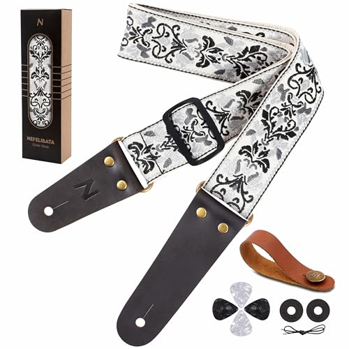 Nefelibata Guitar Strap, Embroidered Cotton Guitar Straps with Head Cowhide Leather Ends for Bass, Electric & Acoustic Guitar, with Strap Button, 1 Pair of Strap Locks and 4 Guitar Picks - Image 1