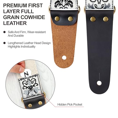Nefelibata Guitar Strap, Embroidered Cotton Guitar Straps with Head Cowhide Leather Ends for Bass, Electric & Acoustic Guitar, with Strap Button, 1 Pair of Strap Locks and 4 Guitar Picks - Image 2