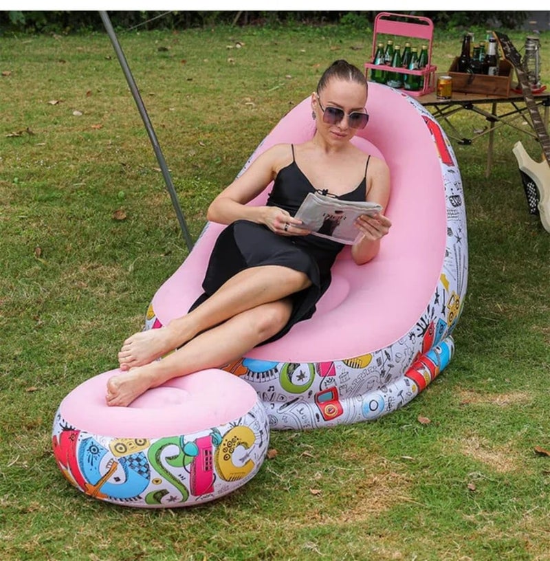Inflatable Chair and Footrest Set (2 Pieces) - Velvet Lounge Sofa for Living Room, Camping, Beach - Multicolor (With Blower Gift) (Rose) - Image 2