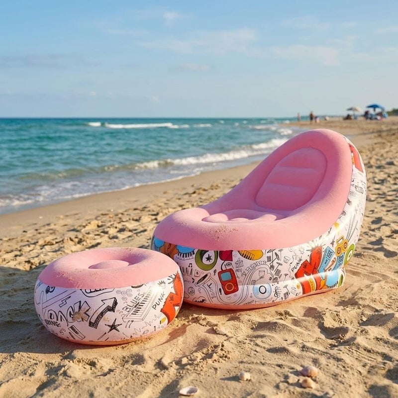 Inflatable Chair and Footrest Set (2 Pieces) - Velvet Lounge Sofa for Living Room, Camping, Beach - Multicolor (With Blower Gift) (Rose) - Image 1