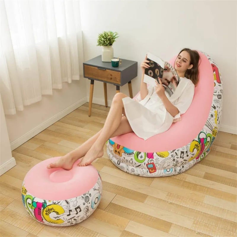 Inflatable Chair and Footrest Set (2 Pieces) - Velvet Lounge Sofa for Living Room, Camping, Beach - Multicolor (With Blower Gift) (Rose) - Image 3