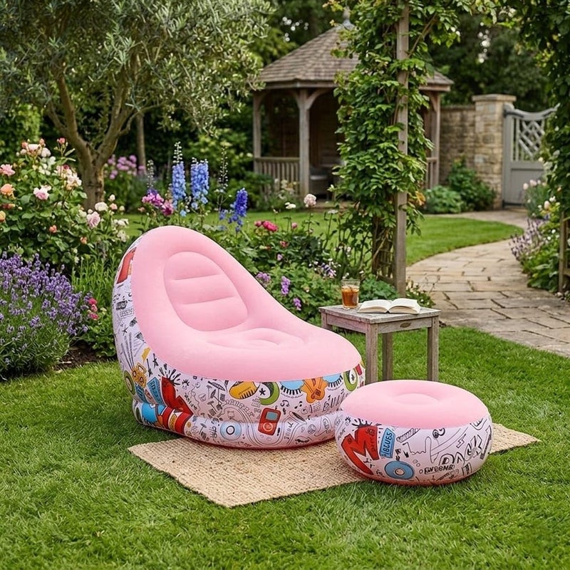 Inflatable Chair and Footrest Set (2 Pieces) - Velvet Lounge Sofa for Living Room, Camping, Beach - Multicolor (With Blower Gift) (Rose) - Image 5