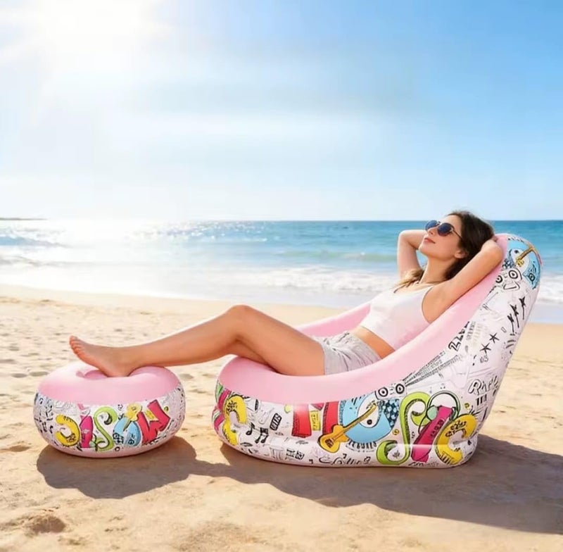 Inflatable Chair and Footrest Set (2 Pieces) - Velvet Lounge Sofa for Living Room, Camping, Beach - Multicolor (With Blower Gift) (Rose) - Image 4