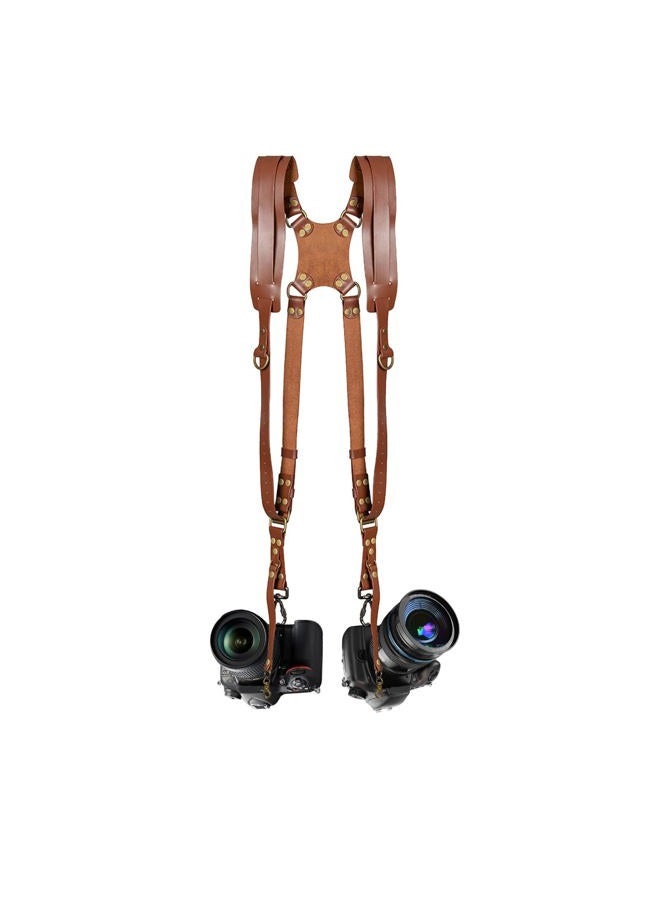 Jumyee Camera Shoulder Strap for Two Cameras, Dual Camera Strap Accessories Adjustable Leather Camera Harness for DSLR/SLR, Brown, 35-50cm - Image 1