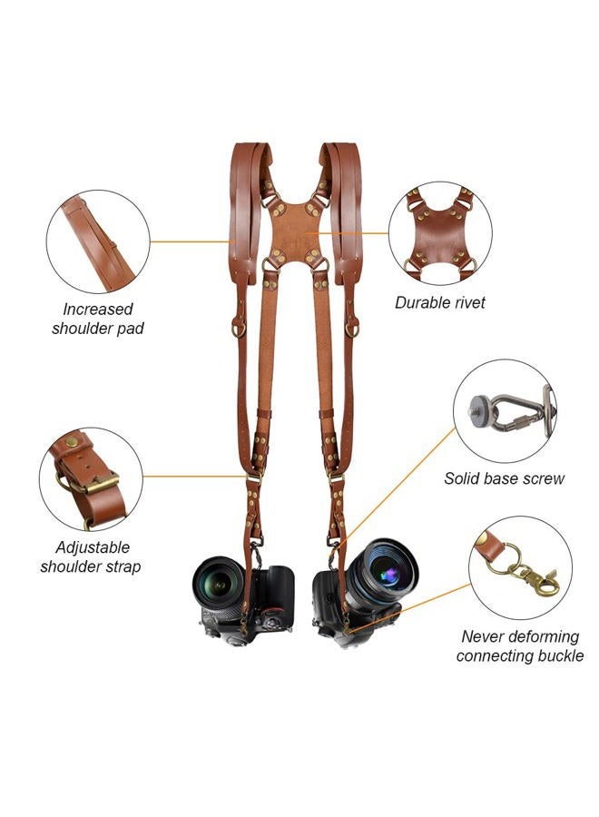 Jumyee Camera Shoulder Strap for Two Cameras, Dual Camera Strap Accessories Adjustable Leather Camera Harness for DSLR/SLR, Brown, 35-50cm - Image 2