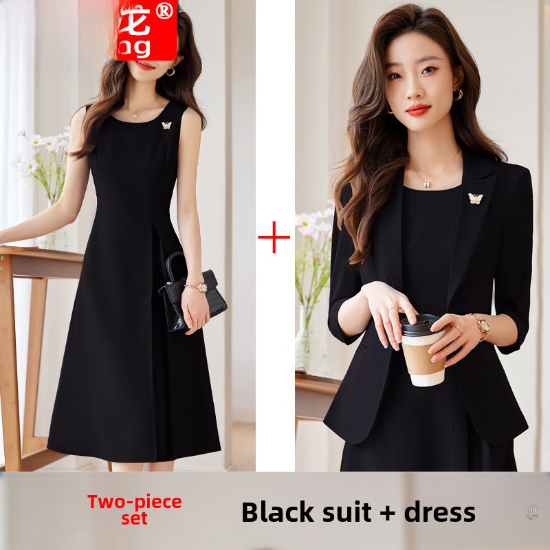 2023 Mid-Sleeve Blazer Dress Suit Set for Women Black Top +909 black dress + brooch