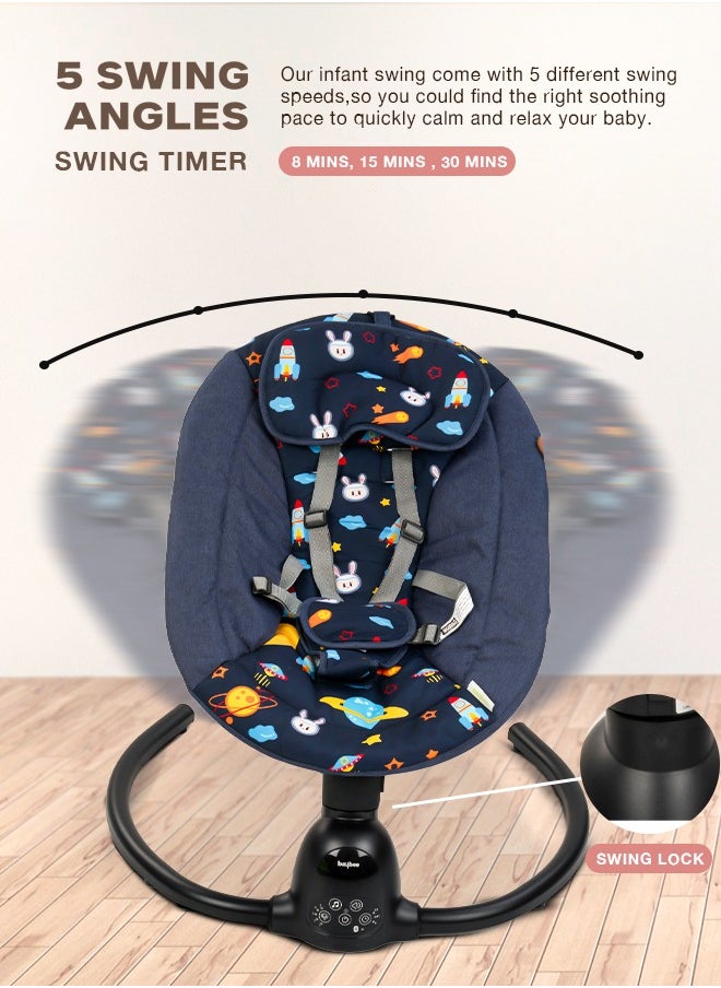 BAYBEE - Electric Baby Rocker with 5 Sway Speeds, Remote Control Music and Hanging Toys Multifunctional Soothing Vibrational Baby Resting Portable Automatic Baby Swing Cradle for Infant Babies Boy Girl Navy Blue - Image 1