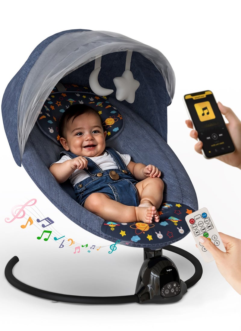 BAYBEE - Electric Baby Rocker with 5 Sway Speeds, Remote Control Music and Hanging Toys Multifunctional Soothing Vibrational Baby Resting Portable Automatic Baby Swing Cradle for Infant Babies Boy Girl Navy Blue - Image 1