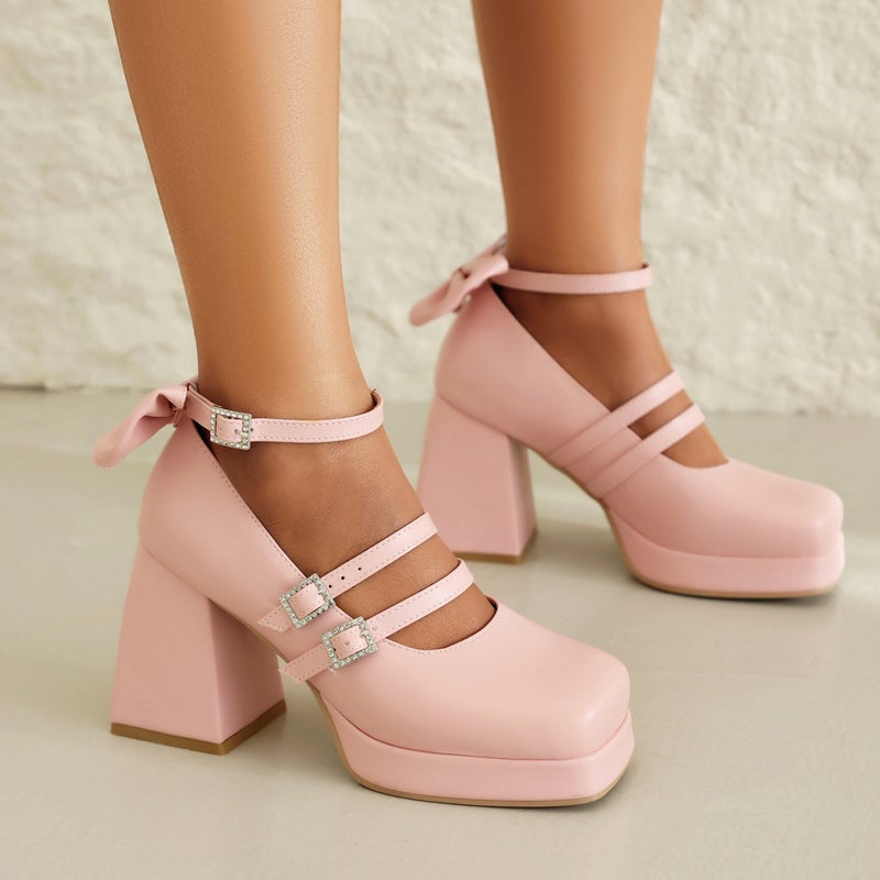 In The Spring Of 2024 Thick-Soled Square-Headed Women'S Shoes 40-48 Super Plus Size Bow Thick High-Heeled Shoes - Image 4