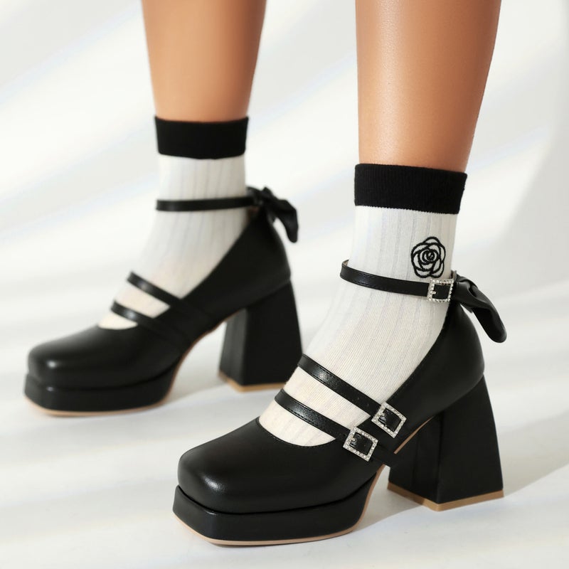 In The Spring Of 2024 Thick-Soled Square-Headed Women'S Shoes 40-48 Super Plus Size Bow Thick High-Heeled Shoes - Image 3