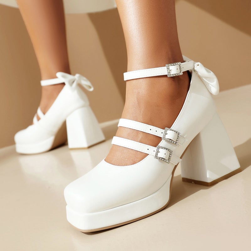 In The Spring Of 2024 Thick-Soled Square-Headed Women'S Shoes 40-48 Super Plus Size Bow Thick High-Heeled Shoes - Image 2
